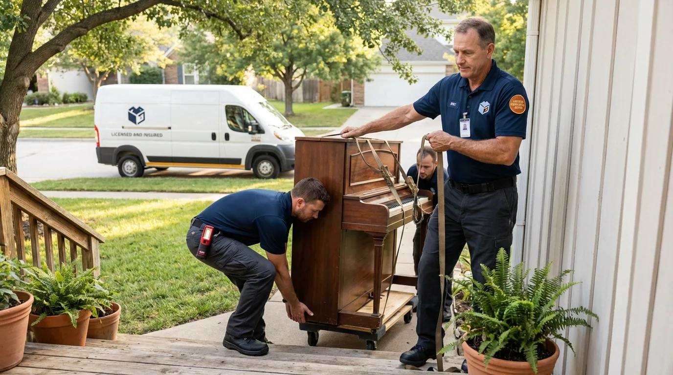 Licensed piano movers securing grand piano in Santa Barbara, CA
