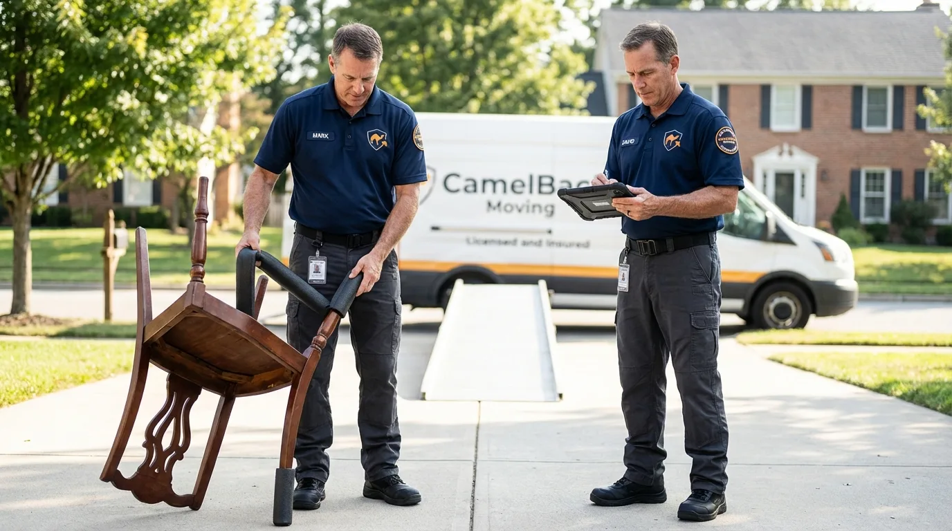 Movers inspecting furniture for damage prevention before loading in Santa Barbara, CA