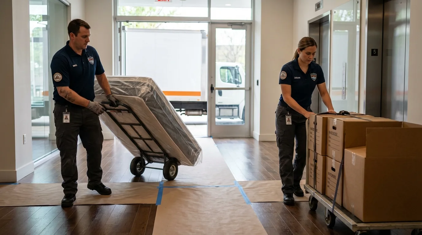 Professional apartment movers loading elevator in Santa Barbara, CA