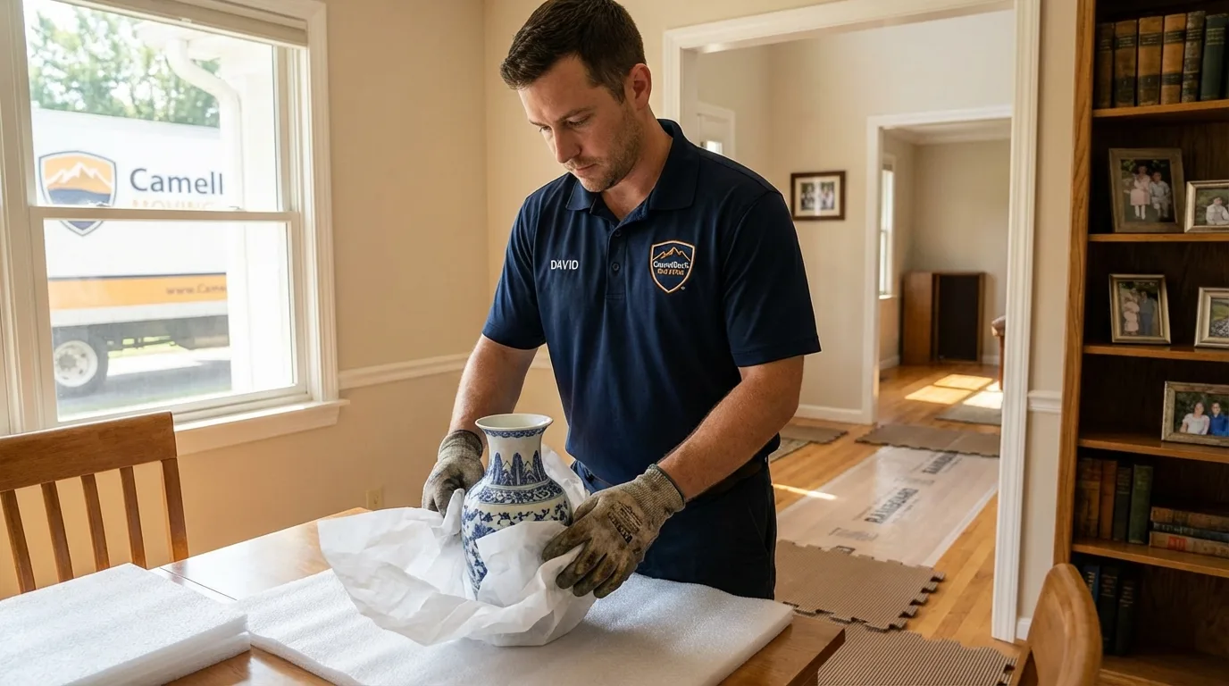 Professional crew carefully wrapping antique vase for senior downsizing move in Santa Barbara, CA