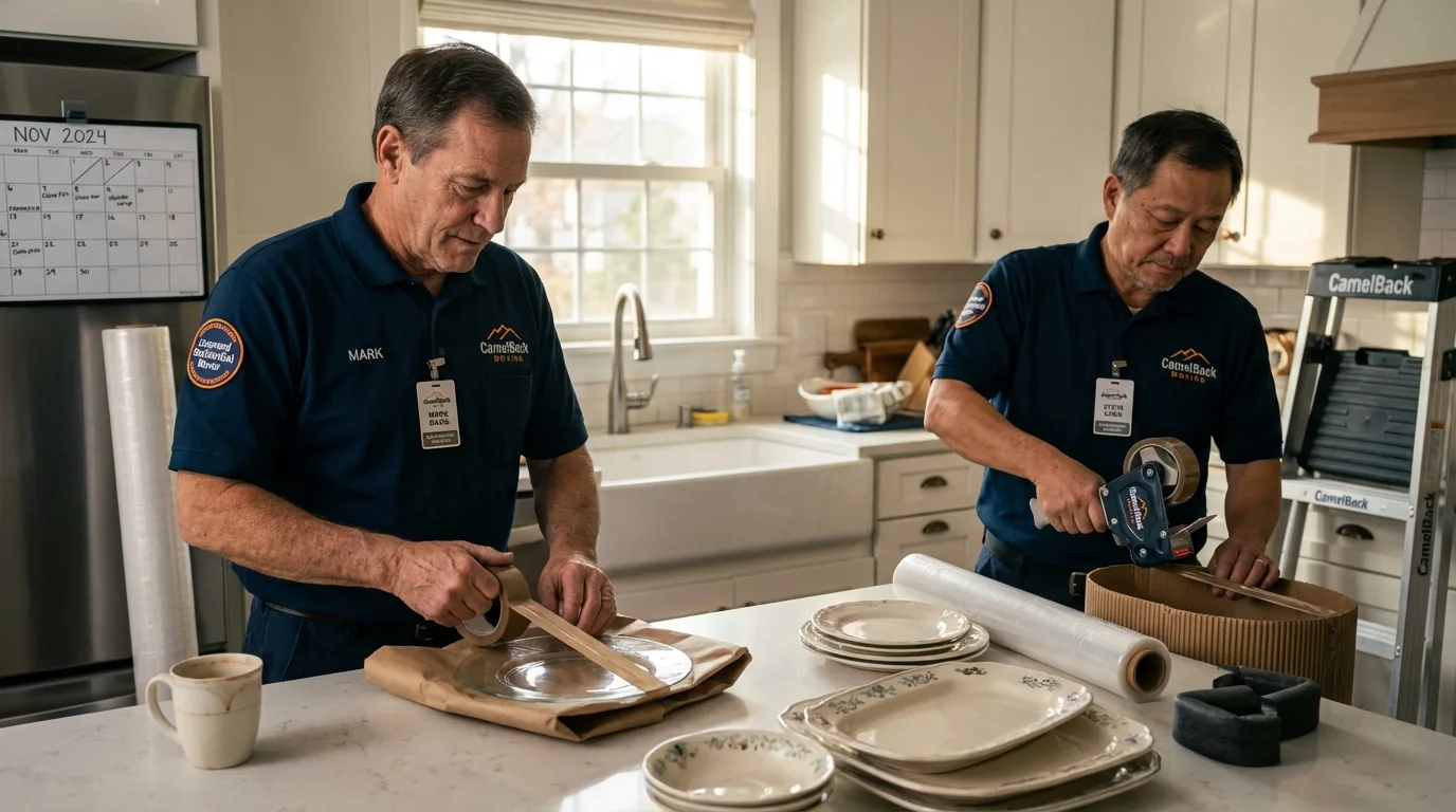 Professional crew packing kitchen dishware in Santa Barbara, CA